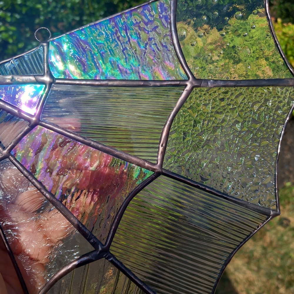 Stained glass spider web corner iridescent clear 8x8" Rustic Cottagecore Gothic